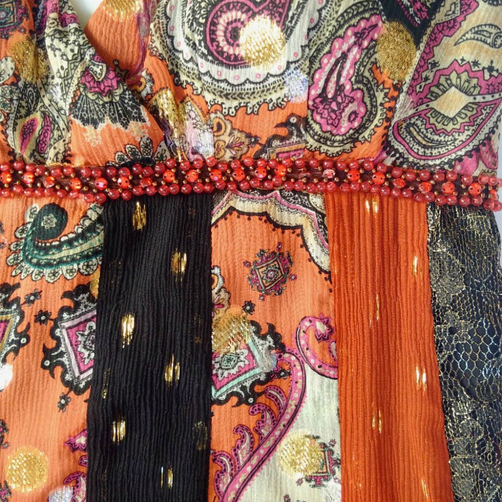 NWT Muse Empire Waist Silk Crepe Lace Multicolor Knee Length Dress - Picture 4 of 10